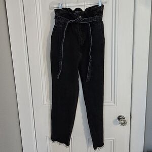 Abercrombie & Fitch Womens 25/0R Paper Bag Mom Stretch Belted Jean Black Raw Hem